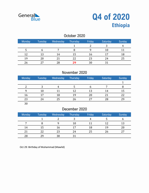 Ethiopia Q4 2020 Quarterly Calendar with Monday Start