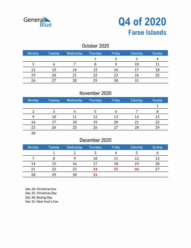 Faroe Islands Q4 2020 Quarterly Calendar with Monday Start