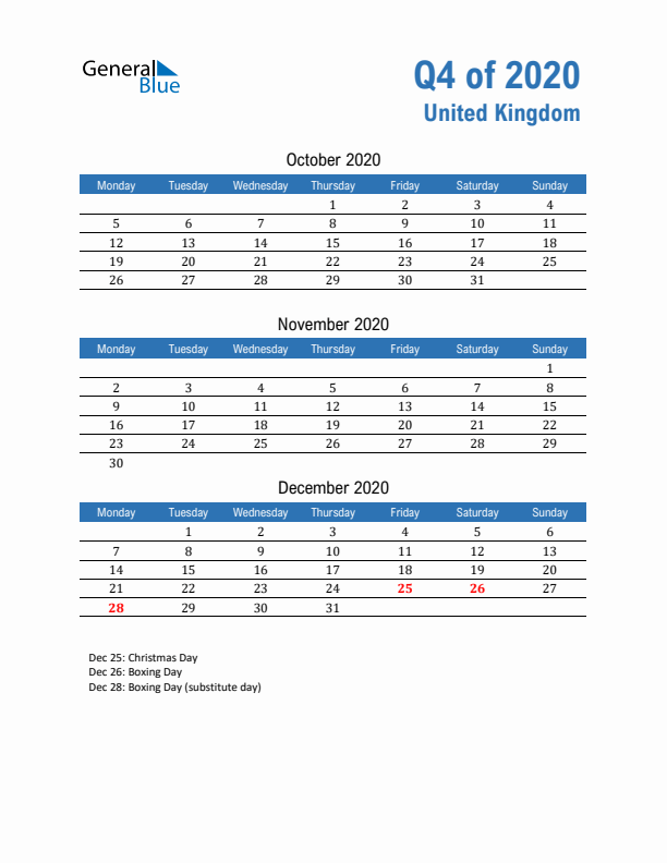 United Kingdom Q4 2020 Quarterly Calendar with Monday Start