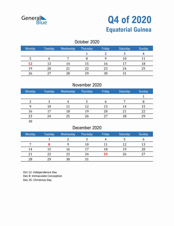 Equatorial Guinea Q4 2020 Quarterly Calendar with Monday Start