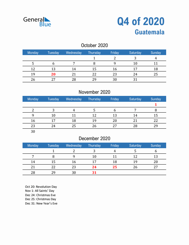 Guatemala Q4 2020 Quarterly Calendar with Monday Start