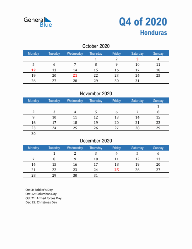 Honduras Q4 2020 Quarterly Calendar with Monday Start