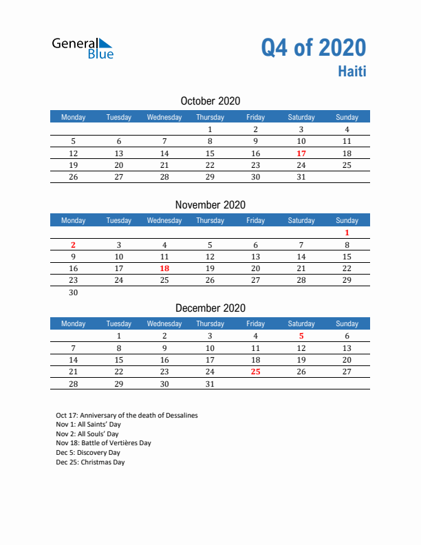 Haiti Q4 2020 Quarterly Calendar with Monday Start