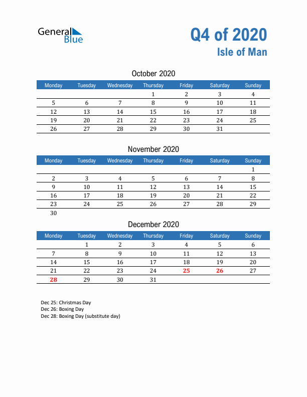 Isle of Man Q4 2020 Quarterly Calendar with Monday Start