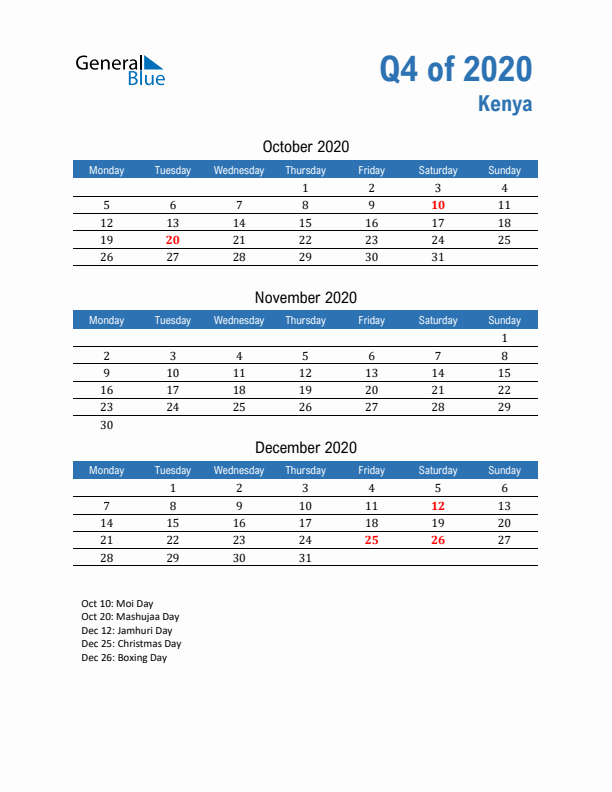 Kenya Q4 2020 Quarterly Calendar with Monday Start