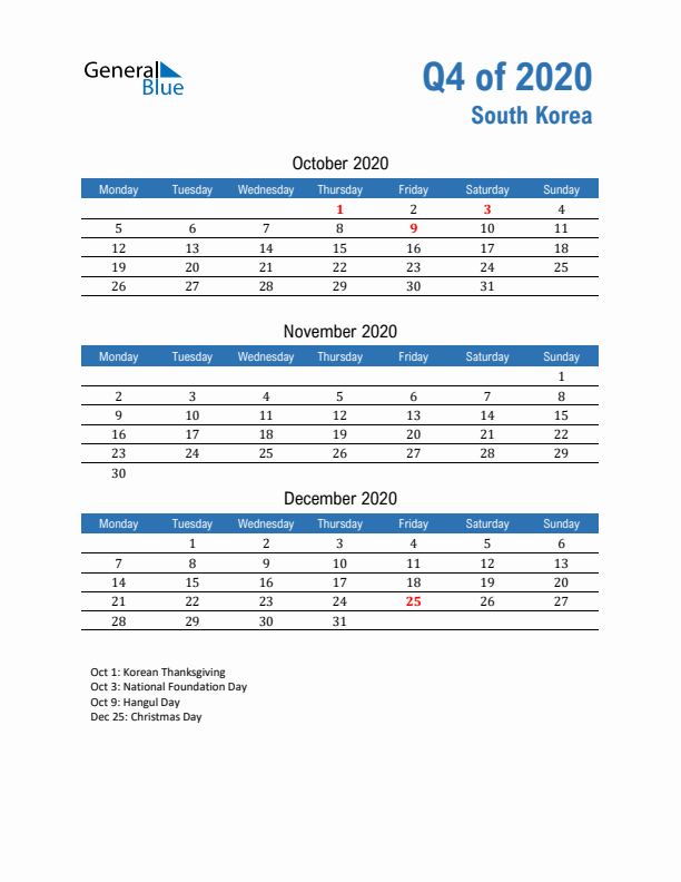 South Korea Q4 2020 Quarterly Calendar with Monday Start