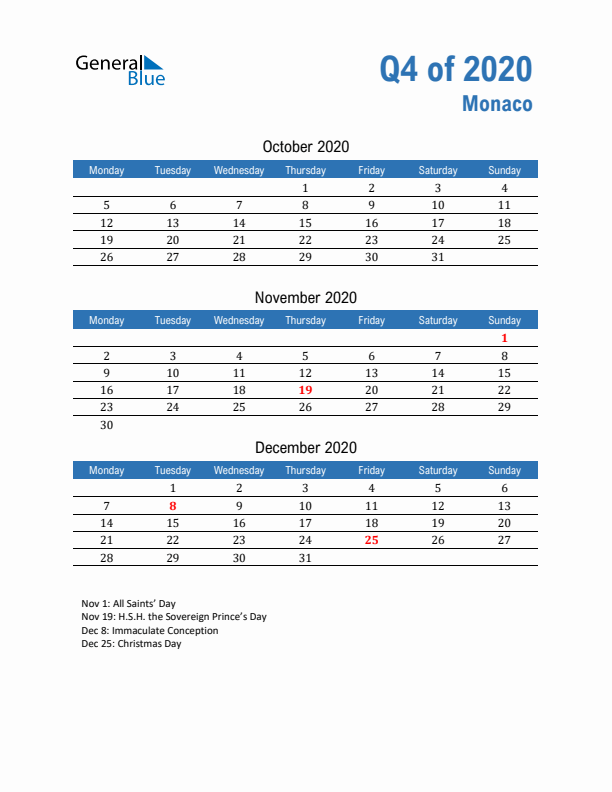 Monaco Q4 2020 Quarterly Calendar with Monday Start