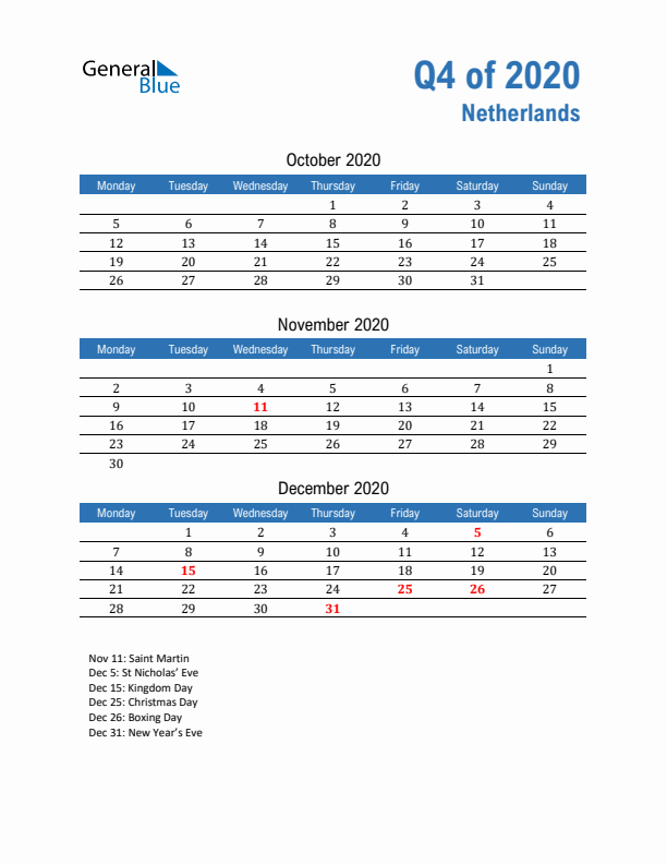 The Netherlands Q4 2020 Quarterly Calendar with Monday Start