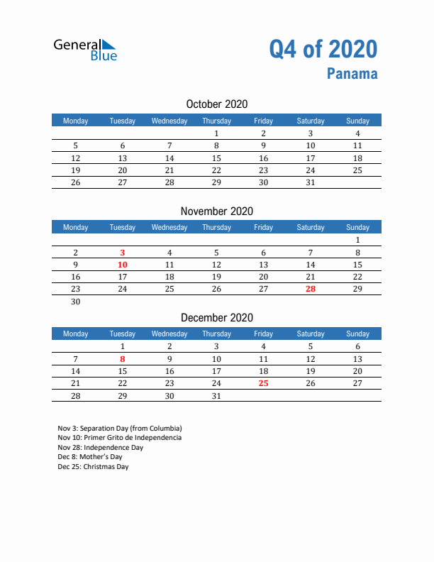 Panama Q4 2020 Quarterly Calendar with Monday Start