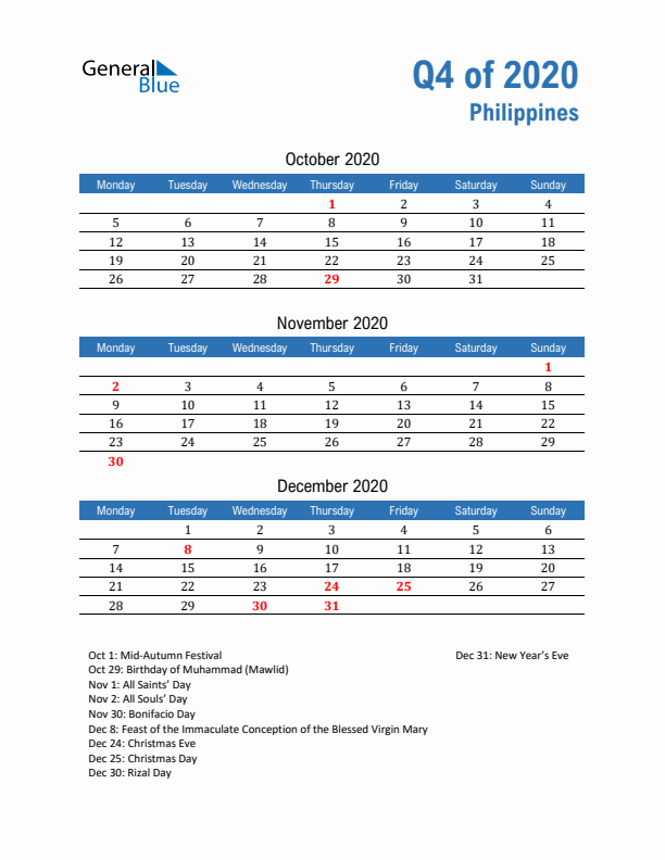 Philippines Q4 2020 Quarterly Calendar with Monday Start