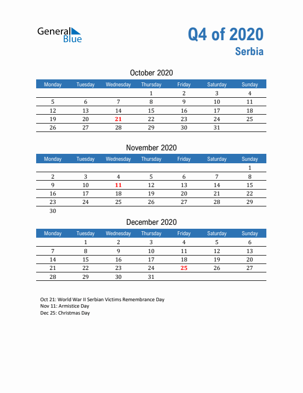 Serbia Q4 2020 Quarterly Calendar with Monday Start