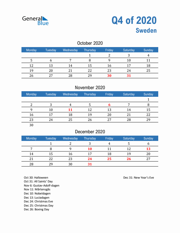 Sweden Q4 2020 Quarterly Calendar with Monday Start