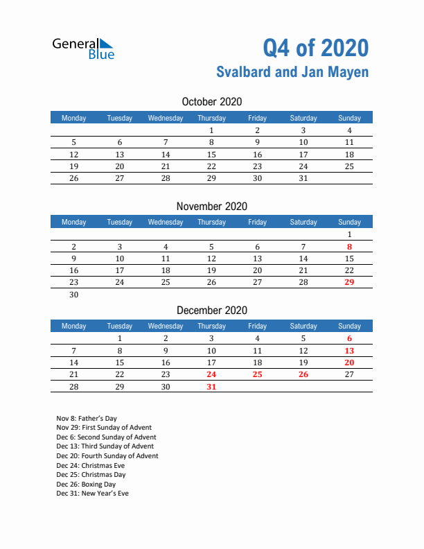 Svalbard and Jan Mayen Q4 2020 Quarterly Calendar with Monday Start