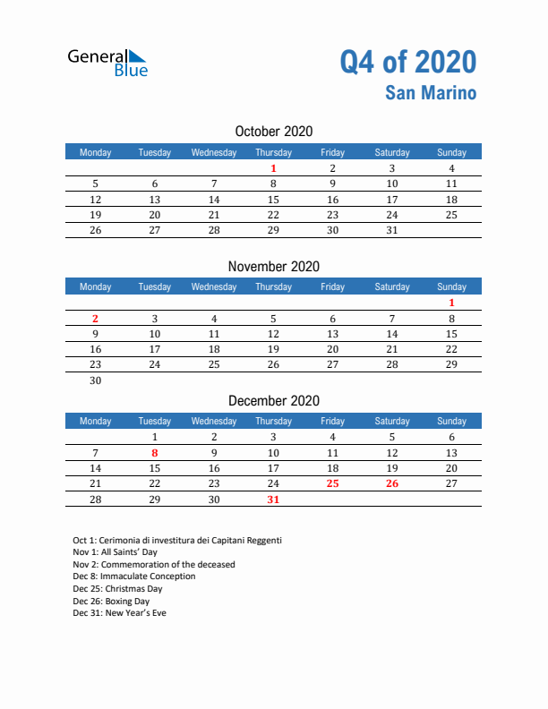 San Marino Q4 2020 Quarterly Calendar with Monday Start