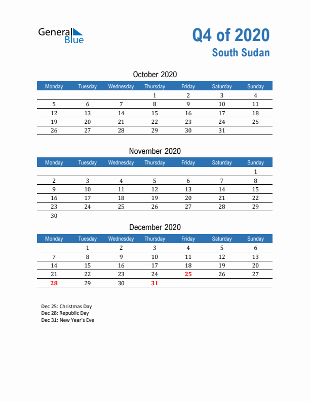 South Sudan Q4 2020 Quarterly Calendar with Monday Start