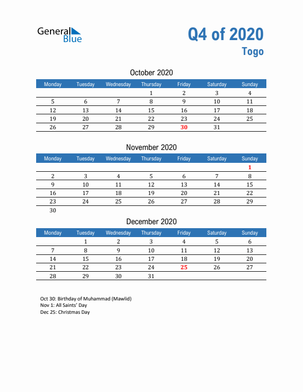 Togo Q4 2020 Quarterly Calendar with Monday Start