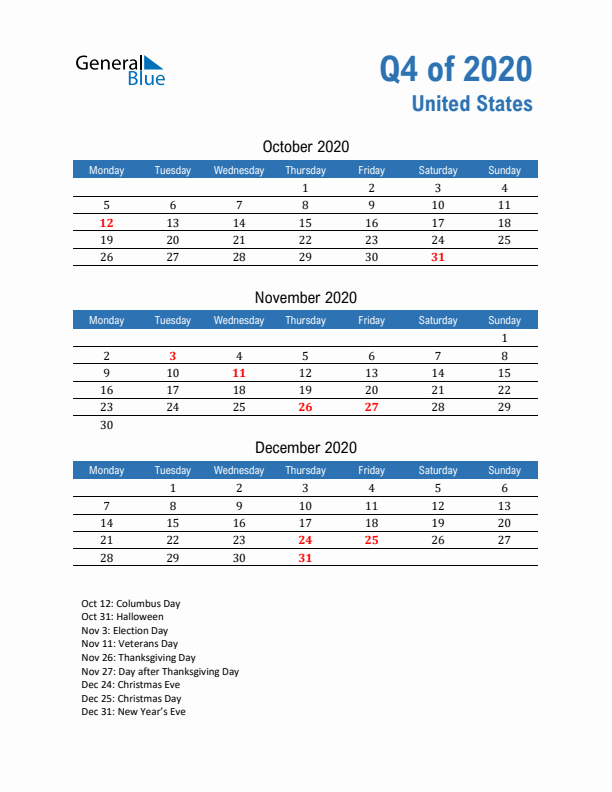 United States Q4 2020 Quarterly Calendar with Monday Start