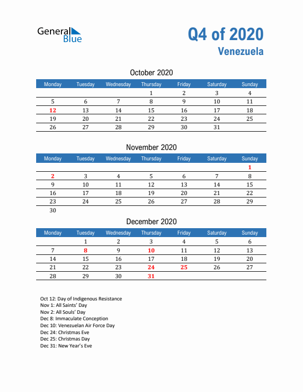 Venezuela Q4 2020 Quarterly Calendar with Monday Start