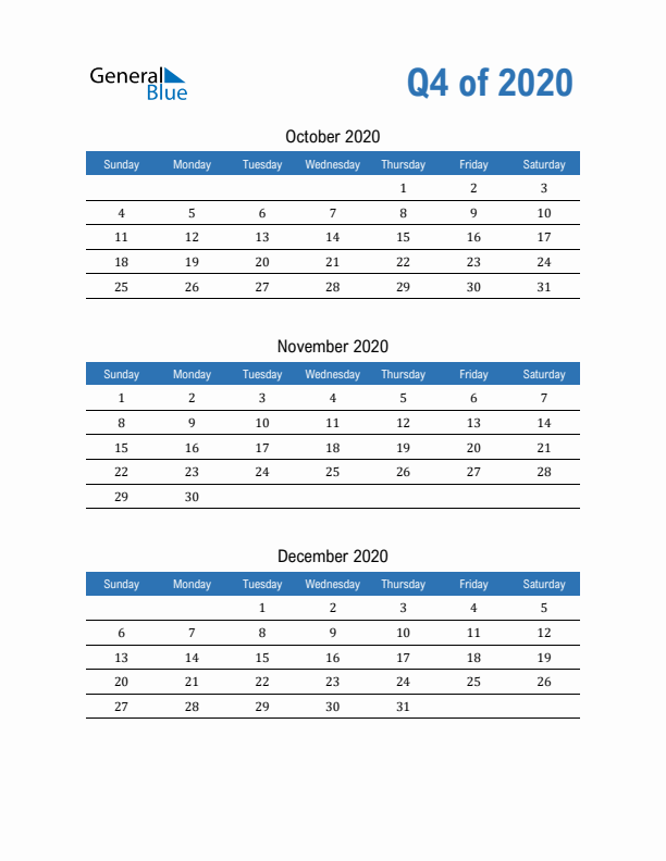 Fillable Quarterly Calendar for Q4 2020