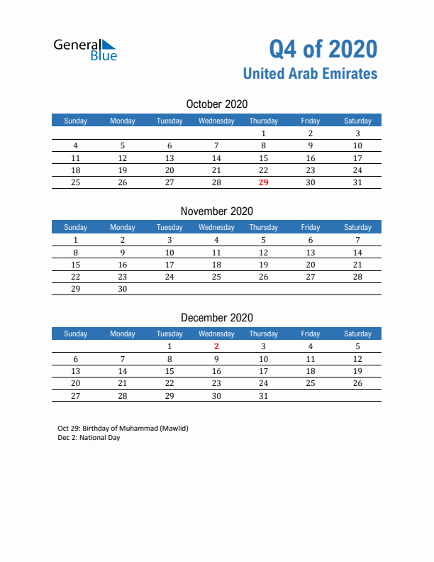 United Arab Emirates Q4 2020 Quarterly Calendar with Sunday Start