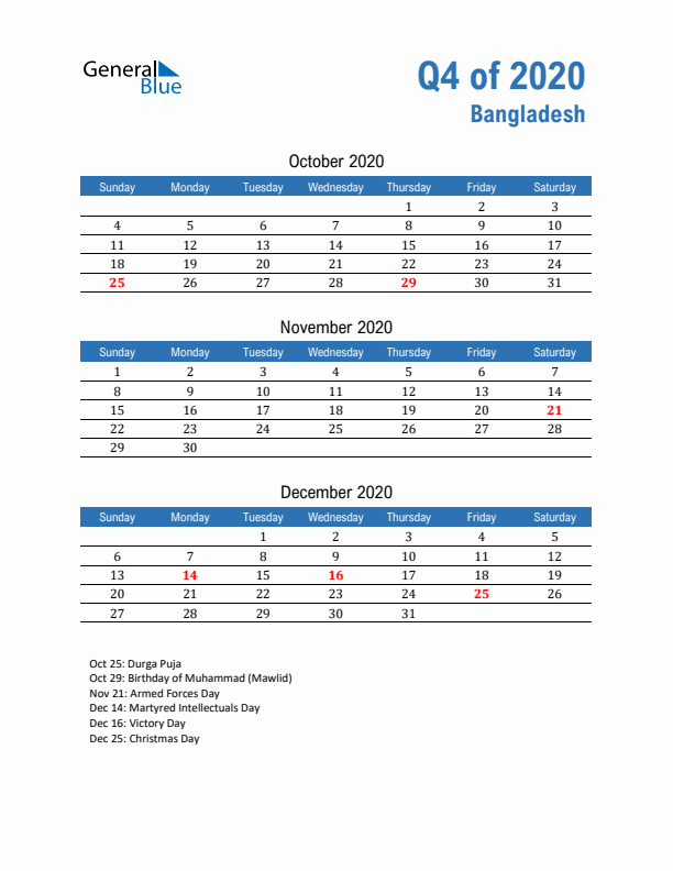 Bangladesh Q4 2020 Quarterly Calendar with Sunday Start