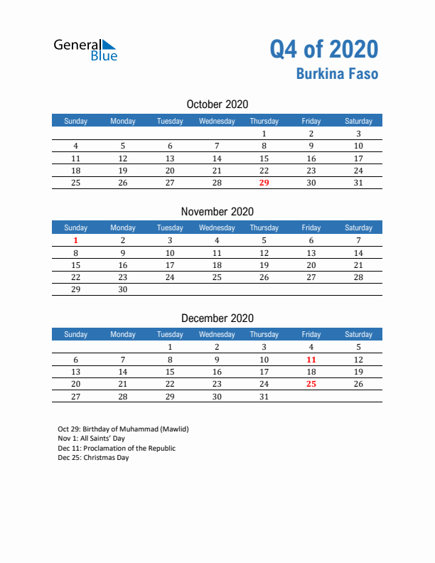 Burkina Faso Q4 2020 Quarterly Calendar with Sunday Start