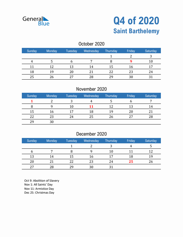 Saint Barthelemy Q4 2020 Quarterly Calendar with Sunday Start