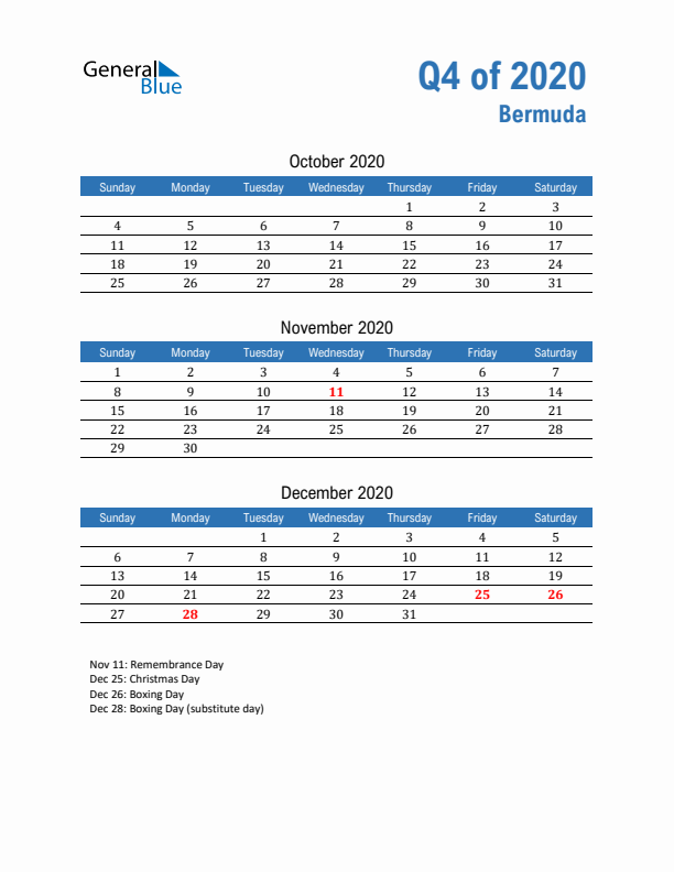 Bermuda Q4 2020 Quarterly Calendar with Sunday Start