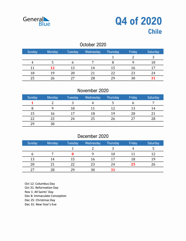 Chile Q4 2020 Quarterly Calendar with Sunday Start