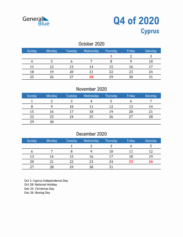 Cyprus Q4 2020 Quarterly Calendar with Sunday Start