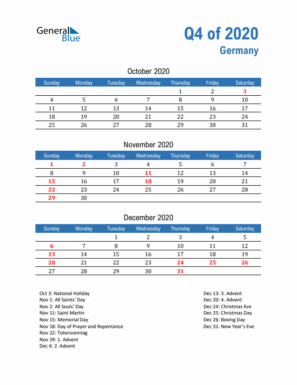 Germany Q4 2020 Quarterly Calendar with Sunday Start