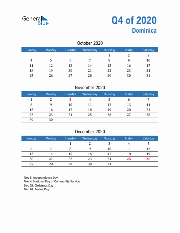 Dominica Q4 2020 Quarterly Calendar with Sunday Start