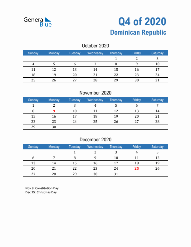 Dominican Republic Q4 2020 Quarterly Calendar with Sunday Start