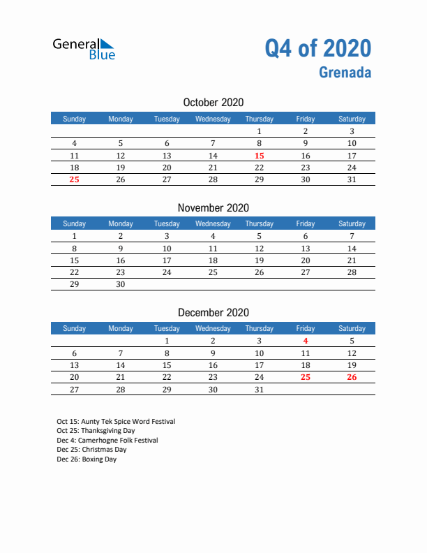 Grenada Q4 2020 Quarterly Calendar with Sunday Start