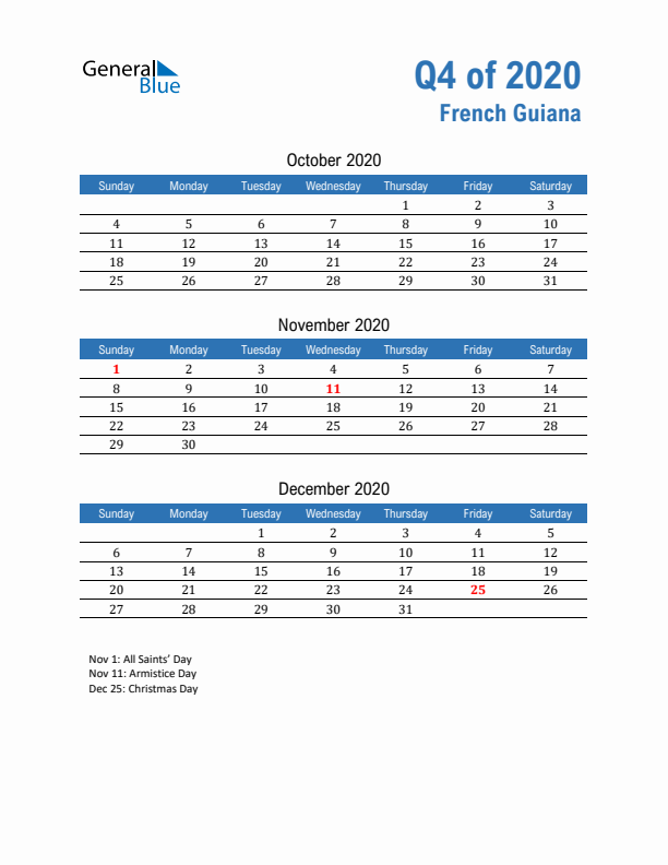 French Guiana Q4 2020 Quarterly Calendar with Sunday Start