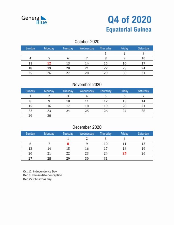 Equatorial Guinea Q4 2020 Quarterly Calendar with Sunday Start