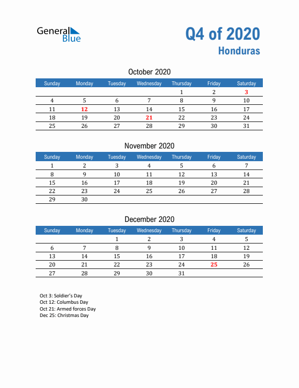 Honduras Q4 2020 Quarterly Calendar with Sunday Start