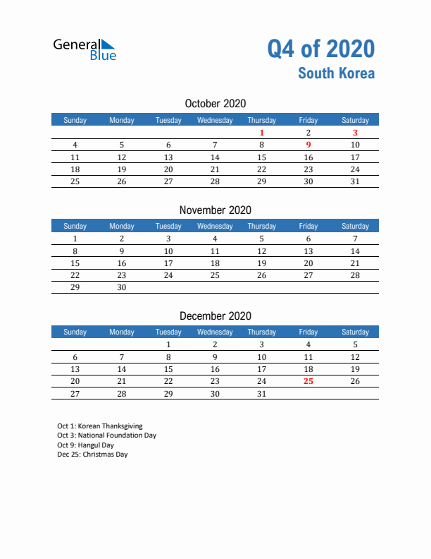 South Korea Q4 2020 Quarterly Calendar with Sunday Start