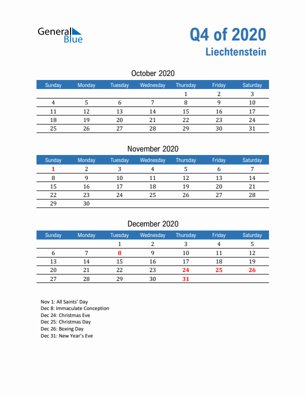 Liechtenstein Q4 2020 Quarterly Calendar with Sunday Start