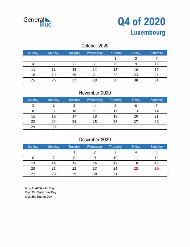 Luxembourg Q4 2020 Quarterly Calendar with Sunday Start