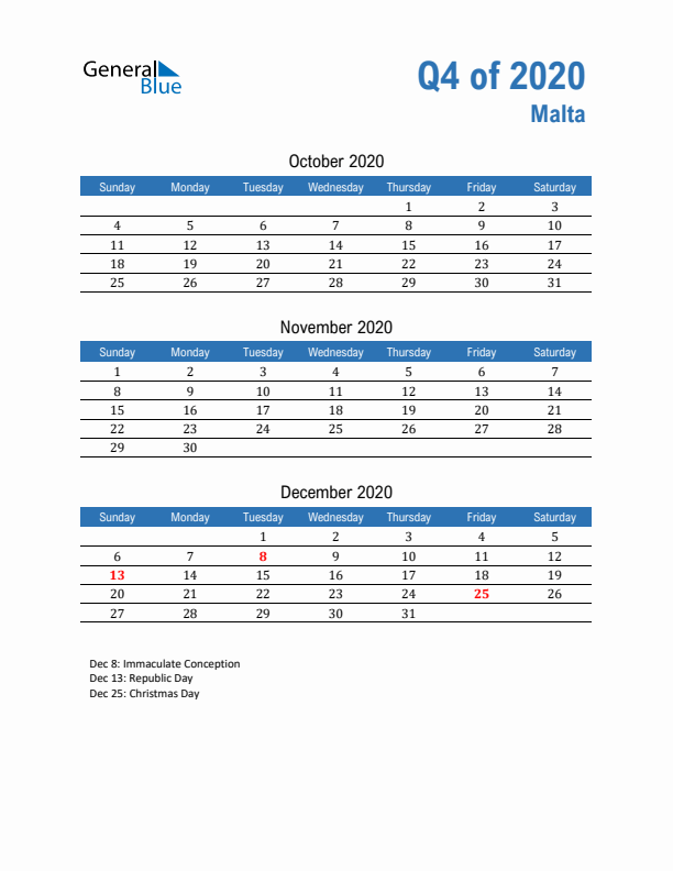 Malta Q4 2020 Quarterly Calendar with Sunday Start