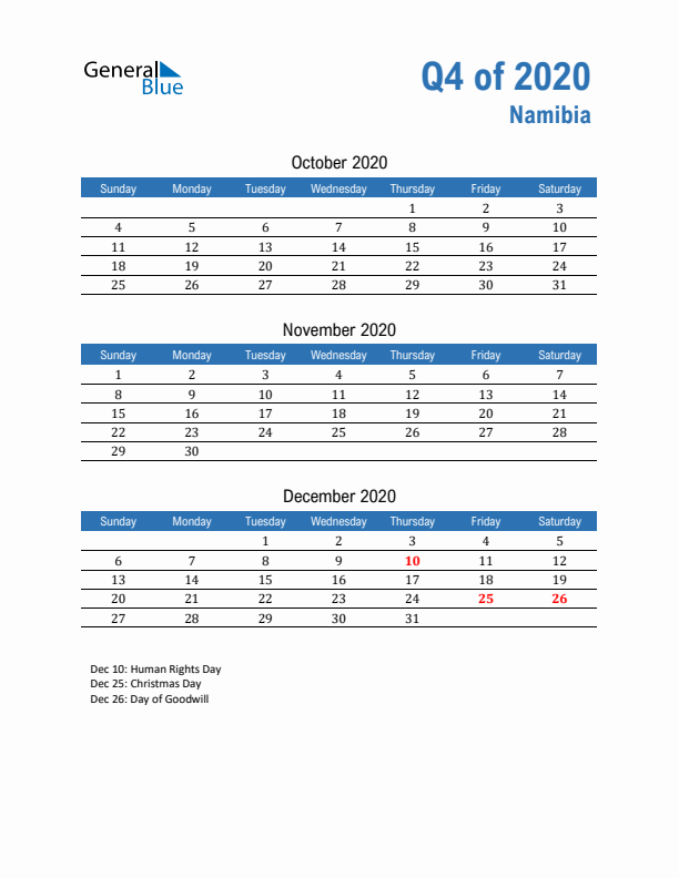 Namibia Q4 2020 Quarterly Calendar with Sunday Start