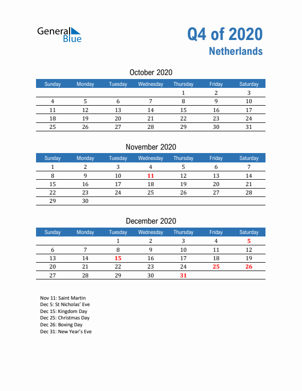 The Netherlands Q4 2020 Quarterly Calendar with Sunday Start