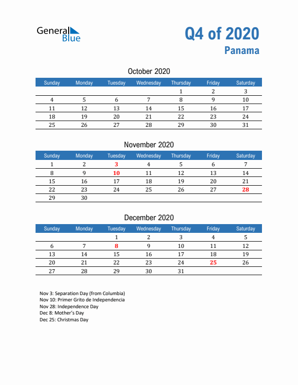 Panama Q4 2020 Quarterly Calendar with Sunday Start