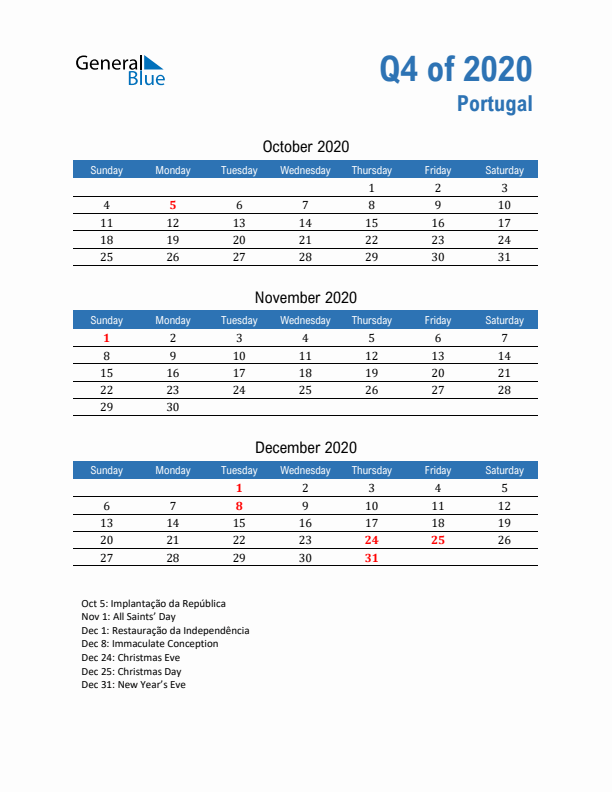 Portugal Q4 2020 Quarterly Calendar with Sunday Start