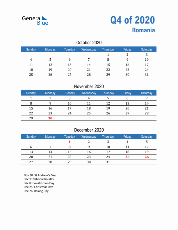 Romania Q4 2020 Quarterly Calendar with Sunday Start