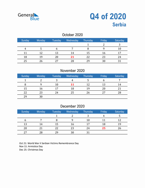 Serbia Q4 2020 Quarterly Calendar with Sunday Start