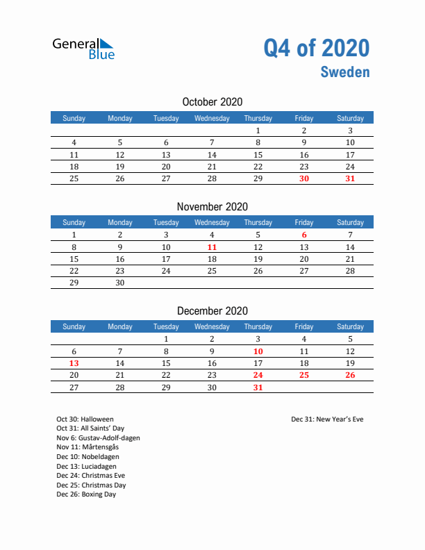 Sweden Q4 2020 Quarterly Calendar with Sunday Start