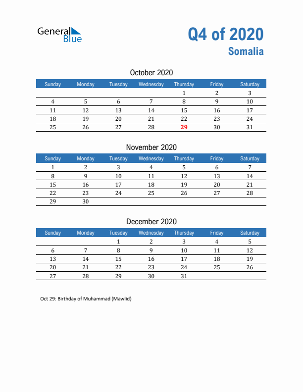 Somalia Q4 2020 Quarterly Calendar with Sunday Start