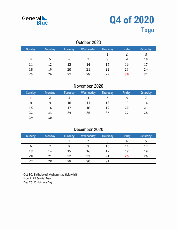 Togo Q4 2020 Quarterly Calendar with Sunday Start